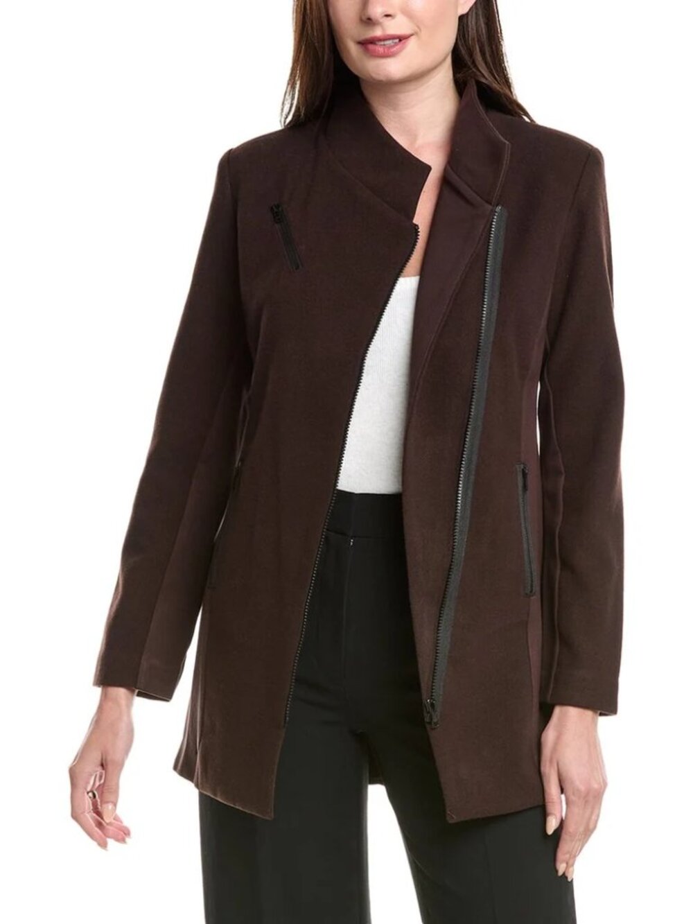 Cabi Legacy topper jacket coat chocolate brown zipper sleek asymmetric new XS